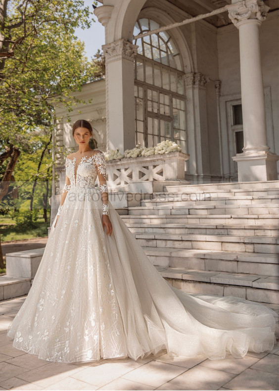 Ivory Beaded Lace Glitter Tulle Wedding Dress